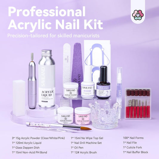 SAVILAND Acrylic Nail Kit with Drill: Professional Salon Nails Kit with Everything Acrylic Powder and Liquid Set Nail Brush Forms Top Gel & Manicure Tools Kit for DIY Extension Carving Home Use