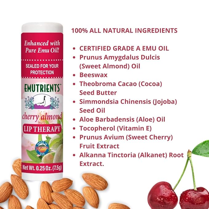 Montana Emu Ranch - Lip Therapy Lip Balm - 0.25 Ounce - Cherry Almond Flavor - 3 Pack - Made with Pure Emu Oil