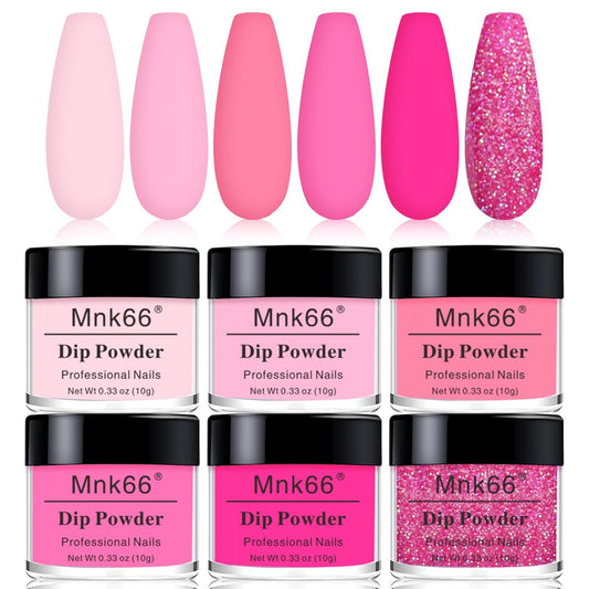 6 Colors Dip Powder Set, Pink Glitter Christmas Dipping Powder Color Set, Glossy Nail Art Manicure DIY Salon Home Gift for Ladies (YYSDDPS-No.10-6PCS)