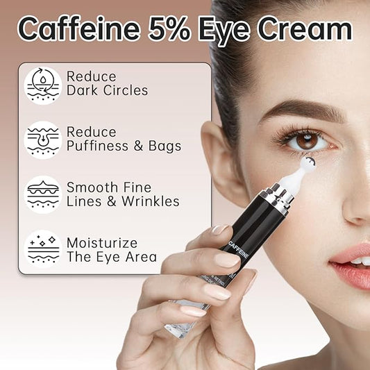 Caffeine Eye Cream for Puffiness & Dark Circles, Under Eye Cream for Puffy Eyes, Eye Bags & Wrinkles, 2 PCS Anti Aging Eye Serum with Under Eye Roller, Reduces Fine Lines & Moisturize Skin.