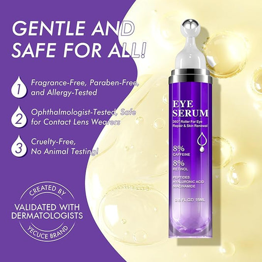 Under Eye Roller Serum|5% Caffeine 5% Retinol Eye Cream for Dark Circles, Puffiness and Bags, Puffy Bags Fine Lines Wrinkles, 360° Massage Ball Cream, 8% Hyaluronic Acid Serum