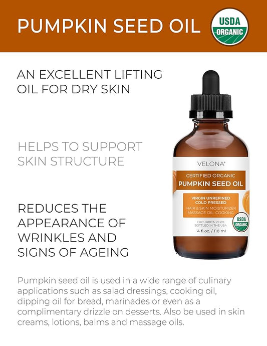 velona Pumpkin Seed Oil USDA Certified Organic - 4 Fl Oz | 100% Pure and Natural Carrier Oil | Unrefined, Cold Pressed | Cooking, Face, Hair, Body & Skin Care | Use Today - Enjoy Result