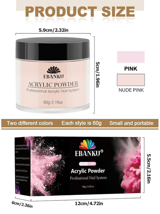 EBANKU Nude Pink Acrylic Powder, 2 * 60g/2.1oz Acrylic Powder Large Capacity Professional Acrylic Nail Powder for Nail Acrylic Extension, Nail Carving, Long-Lasting, No Nail Lamp Needed