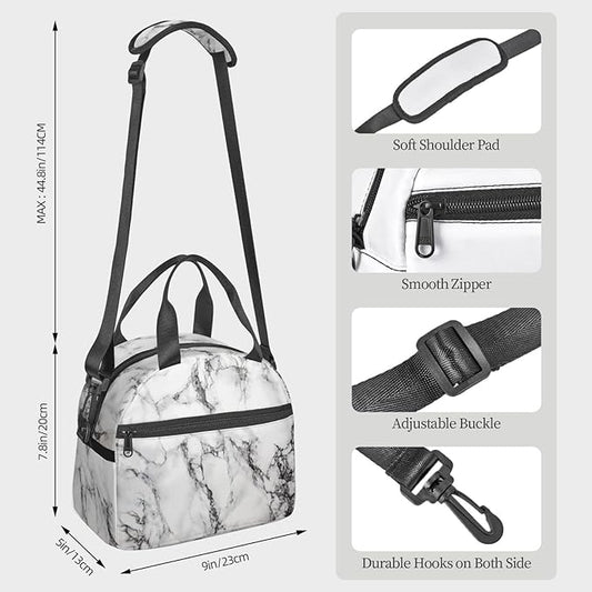 bassyil Marble Insulated Lunch Bag Reusable Lunch Box With Adjustable Shoulder Strap Cooler Tote Bag For Men Women