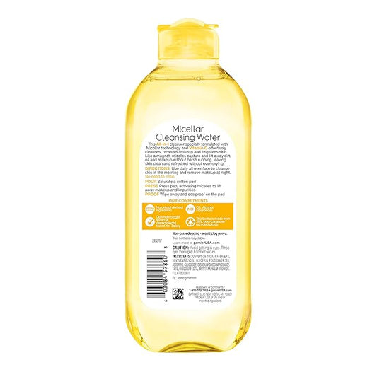Garnier Micellar Water with Vitamin C, Facial Cleanser & Makeup Remover, Brightening & Hydrating, For All Skin Types, Vegan, Cruelty Free, 13.5 Fl Oz (400mL), 1 Count