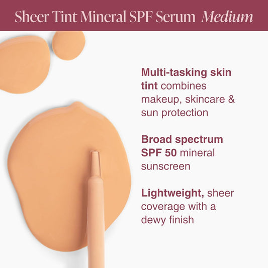 Mineral Fusion Face Serum, Sheer Tint Mineral SPF Serum, 1 Fl Oz, Medium, Tinted Broad Spectrum SPF 50 Mineral Sunscreen, Sheer Coverage, Lightweight & Dewy Finish for Glowing, Protected Skin
