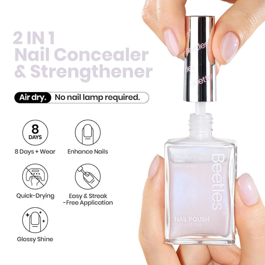 Beetles Nail Polish - Jelly White Nail Polish Natural Blue Glitter Nail Concealer Fast Dry Quick Milky White Nail Strengthener and Growth Treatment for Thin and Damaged Nails,0.51 FL OZ