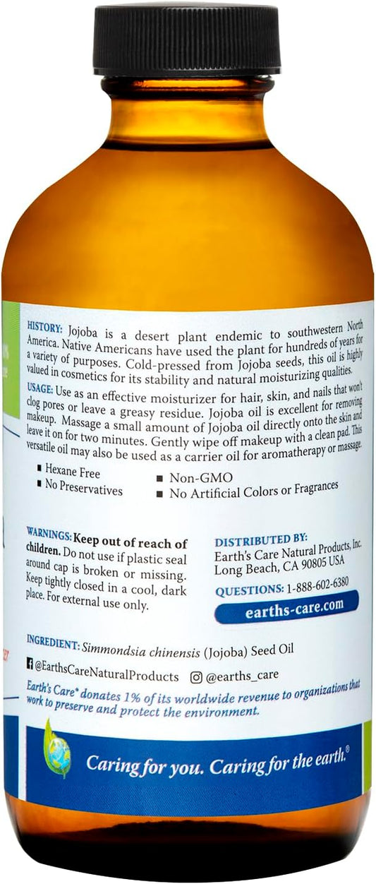 Earth’s Care Jojoba Oil - 100% Pure Jojoba Oil for Hair, Skin and Nails - Cold Pressed - Nourishing Natural Moisturizer - 8 FL OZ