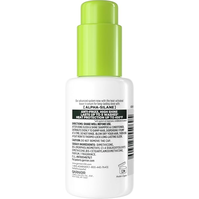 Garnier Fructis Sleek and Shine Sleek and Stay Hair Serum for Frizzy, Dry Hair, Heat Protectant Formulated with Alpha Silane, 1.7 Fl Oz