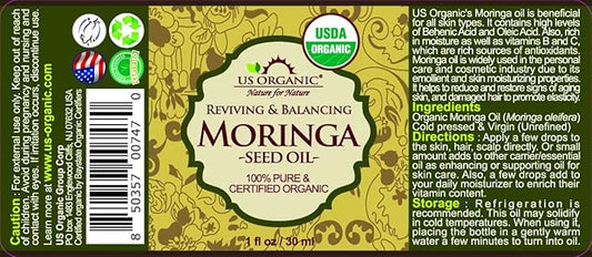 US Organic Moringa Oil, USDA Certified 100% Pure, Cold Pressed & Unrefined Non GMO, Vegan Oil, Natural Moisturizer for Skin, Face, Body, Hair, Good for Hair Growth, Fine Lines, Wrinkles (1 oz (30 ml))
