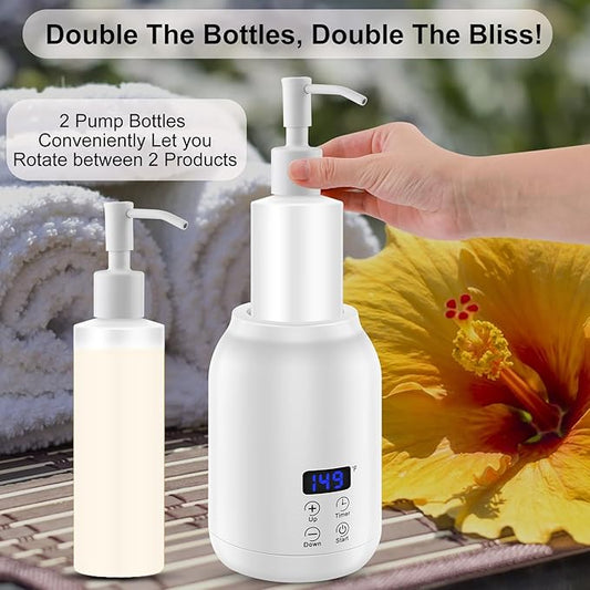 Massage Oil Heater Warmer,with ℃/℉ Switchable Display, Two Oil Dispenser Bottle,Constant Temperature,Body Oils Heater for Spa, Salon and Barber Shops,White