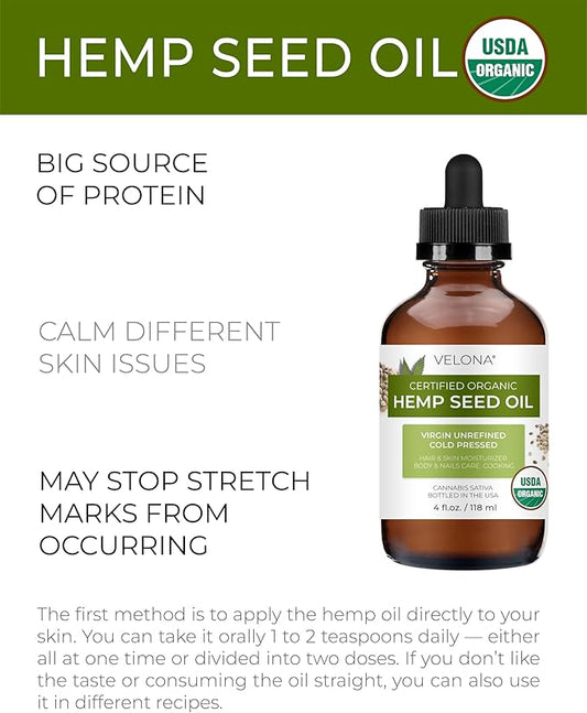 velona Hemp Seed Oil USDA Certified Organic - 4 Fl Oz | 100% Pure and Natural Carrier Oil | Unrefined, Cold Pressed | Hair, Body, Face & Skin Care