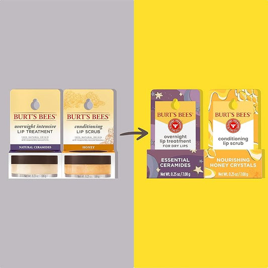 Burt’s Bees Conditioning Lip Scrub and Overnight Intensive Lip Treatment, With Ceramides, College Back to School Dorm Essentials, Exfoliates and Hydrates Lips 8 Hours, Natural Origin, 2 Jars, 0.25 oz
