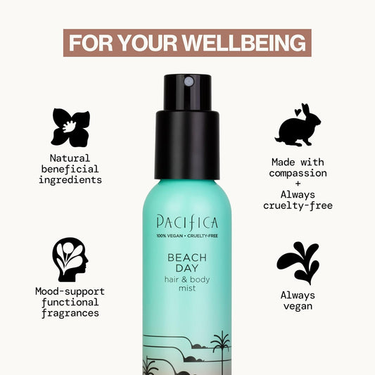 Pacifica Beach Day Hair Mist Perfume & Full Body Spray for Women - Body Mist Fragrance w/Bergamot, Orange Flower, Sandalwood, Amber, Musk & Suede Leather – Clean Beauty Alcohol-Free, Vegan 5 oz