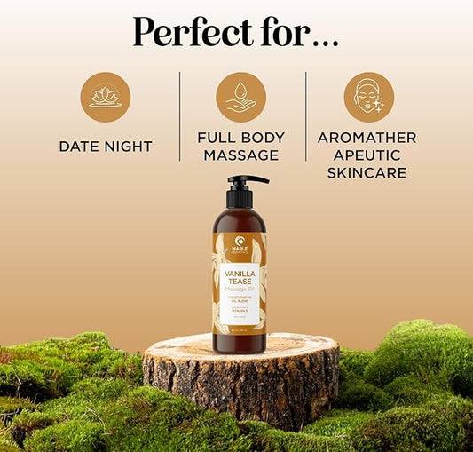 Vanilla Sensual Massage Oil for Couples - Irresistible Full Body Massage Oil for Date Night with Smooth Gliding Coconut and Sweet Almond Oil with Dreamy Vanilla Scent - Non GMO Gluten Free and Vegan