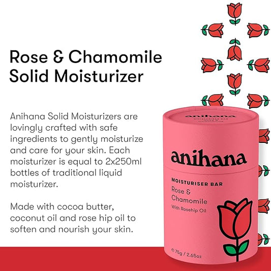 ANIHANA Solid Moisturizer Bar with Coconut Oil Hydrates and Softens Dry Skin Care Paraben Free Cruelty Free Refreshing Rose & Chamomile Scent 2.65 oz