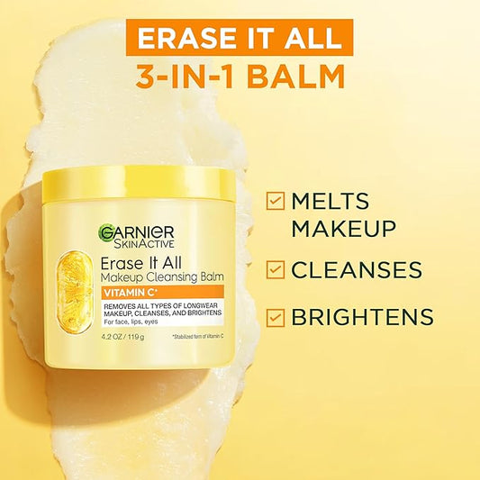 Garnier Erase It All Makeup Cleansing Balm with Vitamin C, Brightening Facial Cleanser and Makeup Remover, 4.2 Oz