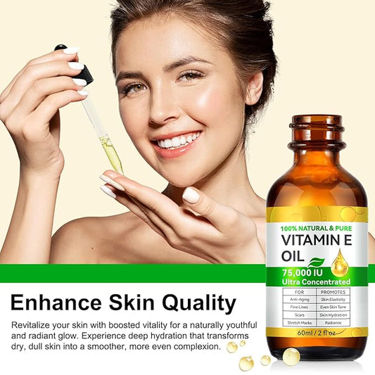 2 Fl Oz Vitamin E Oil Blend 75,000 IU, Vitamin E Oil for Skin, Scars, Face & Full Body, Moisturize Dry Skin and Radiant Skin, Body Bath Oils, Organic Pure Easy to Absorb