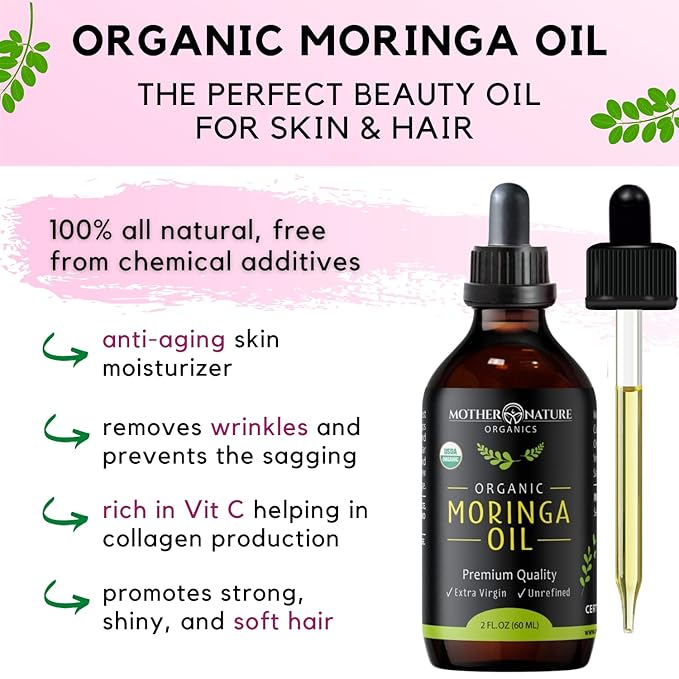 Moringa Oil - USDA Certified Organic, 100% Pure, Cold Pressed & Unrefined Gluten Free Oil (2oz) - Natural Moisturizer for Skin, Face, Body & Hair - Non-GMO & Vegan