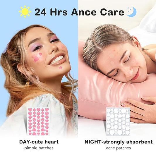 Pimple Patches for Face 7 Sizes Day and Night Acne Patches Heart Zit Patches Cute Spot Stickers with Tea Tree & Centella Oil, Strong Adhesion Zit Covers (412 Count)