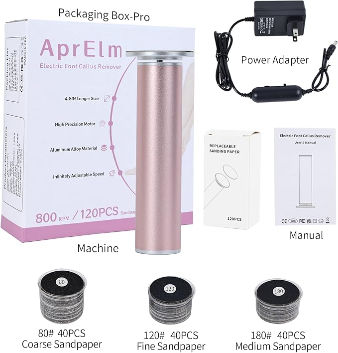 4.8IN Longer Electric Foot Callus Remover with 120pcs Sandpaper Discs, Professional Aluminum Callus Remover for Feet, Stepless Speed Control Pedicure Tools for Dead Skin