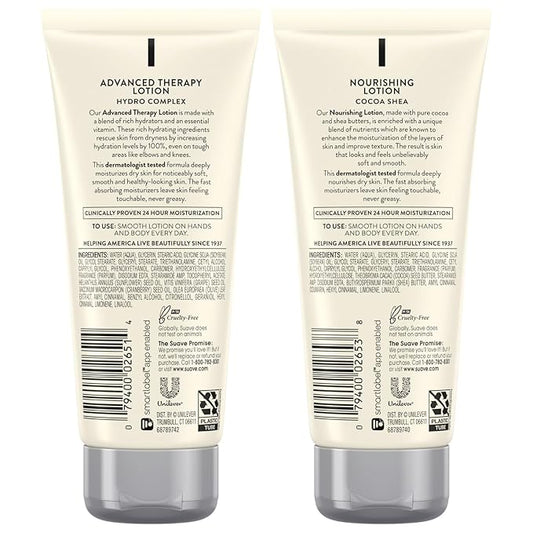 Suave Lotion Variety Pack – Advanced Therapy Hydro Complex & Nourishing Lotion Cocoa Shea, Moisture-Rich Body Lotion for Extremely Dry Skin, 3 Oz Ea (2 Piece Set)