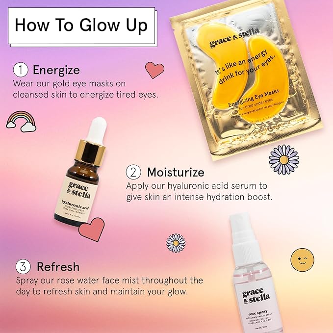 grace & stella Award-Winning Mothers Day Gifts for Mom, Birthday Gifts for Women - Travel Essentials with Gold Eye Masks, Hyaluronic Acid Serum & Rose Spray - Vegan Skin Care Set - Bachelorette Party