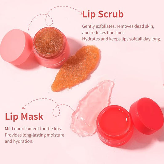 Cherry Lip Mask+Peach Lip Scrub for Women Dry, Cracked and Dark Lips – Lip Scrubber Exfoliator and Organic Lip Scrubs Exfoliator and Moisturizer with Lip Brush – Vegan, Cruelty-Free Lip Care Products