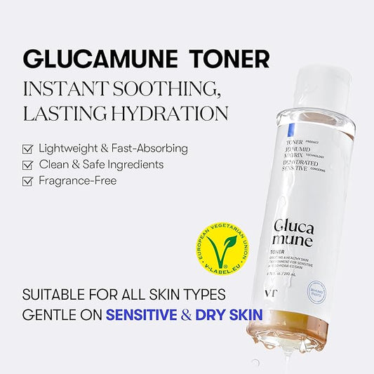 VT COSMETICS Glucamune Facial Toner with Vegan Mucin, Hydrating & Soothing for Dry, Sensitive, and Combination Skin, Korean Skincare, Fragrance-Free