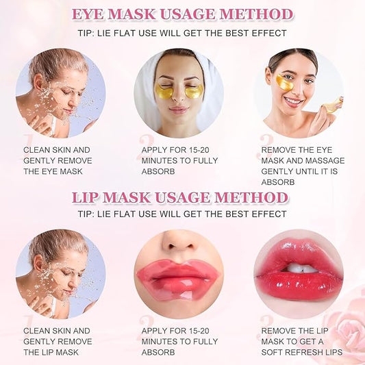 Gold Eye Mask And Pink Lip Mask,Natural Gel Eye Masks,Under Eye Gel Patches for Dark Circles,Eye Mask for Puffy Eyes,10 Pairs Gold Eye Mask And 10 Pcs Pink Lip Mask