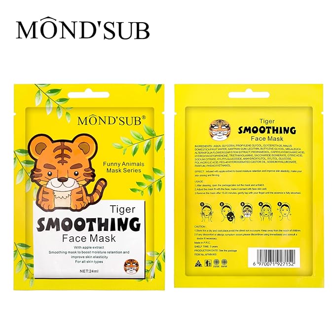 Animal Spa Beauty Mask, Character Masks Sheet-(Pack of 5) Tiger Smoothing Firming Nourishing Moisturizing Effects For All Skin Types- Birthday Party Gift for her, Girls Night, Spa Night, Beauty Gift