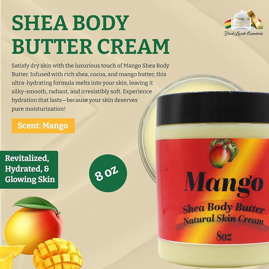 Ultra-Soft Shea Body Butter, Dry Skin Cream for Radiant Moisturized Skin, Natural Hydrating Body Lotion with Aloe Vera, Argan Oil, Rosehip Oil, (Mango, 8oz)