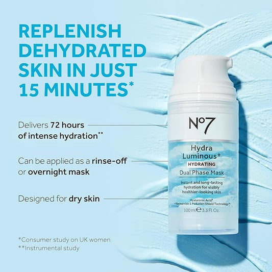 No7 HydraLuminous+ Hydrating Dual Phase Face Mask - Hyaluronic Acid Overnight Face Mask with Vitamin B3 Niacinamide for Skin Barrier Repair & Radiant-Looking Skin (3.5 Fl Oz)