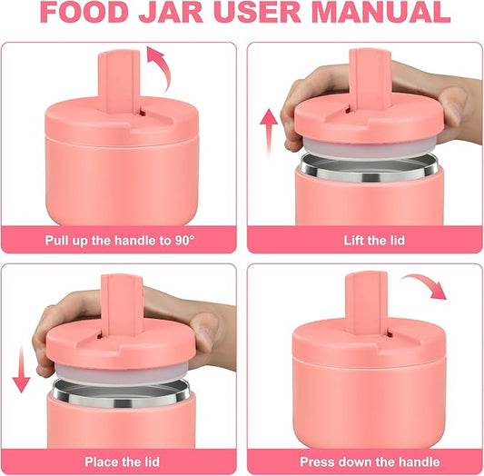 12oz Kids Soup Thermo for Hot Food Insulated Vacuum Food Jar with Buckle Lid, Stainless Steel Wide Mouth Leak Proof Lunch Container for School Travel-Pink