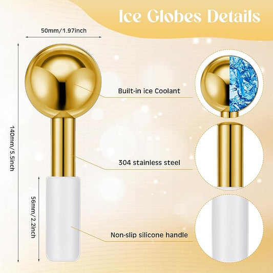 Baderke 2 Pcs Ice Globes for Face Stainless Steel Cooling Globes Unbreakable Cooling Roller Women Ice Balls Cryo Sticks Face Skin Care for Dark Circles, Puffiness(Gold (white Handle))