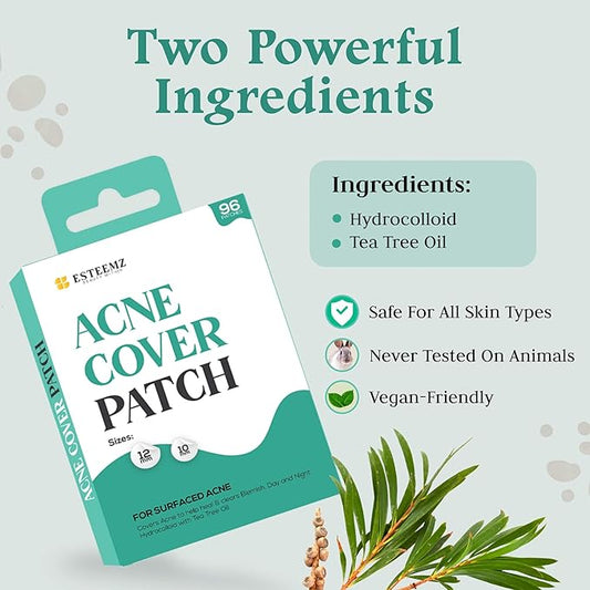 Advanced Invisible Pimple Patches for Face (96 Pack) - Hydrocolloid Patches with Tea Tree Oil - Vegan Friendly Acne Patches for Face - 2 Size Pimple Patch Stickers (10mm, 12mm)