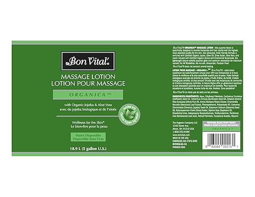 Bon Vital' Organica Massage Lotion with Certified Organic Ingredients for an Earth-Friendly Massage, Natural Moisturizer Lotion for Soothing Back & Neck Massages, 5 Gal, Label may Vary