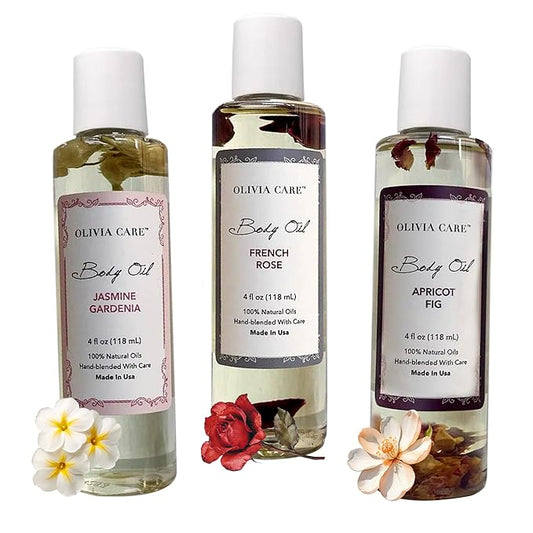 Olivia Care 3 Pack Body Oils: Apricot Fig, French Rose, Jasmine Gardenia - Natural Perfume Oils For Women & After Bath Oils Body Moisturizers, Rich in Vitamin E, K, & Omega (3 Scents)