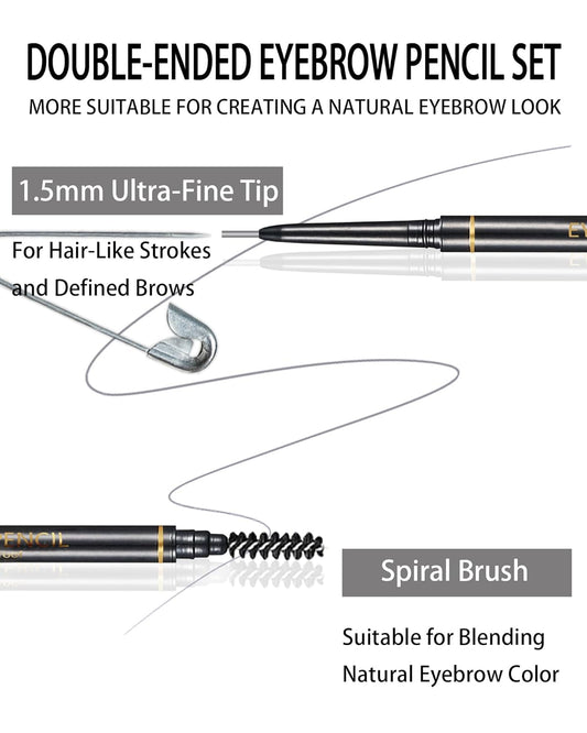 Gray Eyebrow Pencils for Women, 12Pcs Ultra Slim Eyebrow Pencil with 2 Brow Razors Kit, Double Head 1.5mm Micro-Fine Tip & Spiral Brush, Can Draw Fine and Long-Lasting Brows Makeup