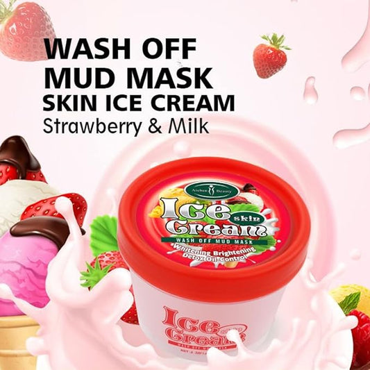 AICHUN BEAUTY Ice Cream Facial Wash Off Mud Mask Oil-Control Deep Cleaning Moisturizing Exfoliation Blackhead Skin Care 100g 3.38FL. OZ (STRAWBERRY & MILK)