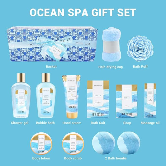 Spa Gift Basket for Women, Spa Luxetique Bath Gift Set - 12 Pcs Ocean Scented Home Bath Kit, Includes Bath Bombs, Body Scrub, Bubble Bath, Body Lotion & More, Spa Set for Women Gift