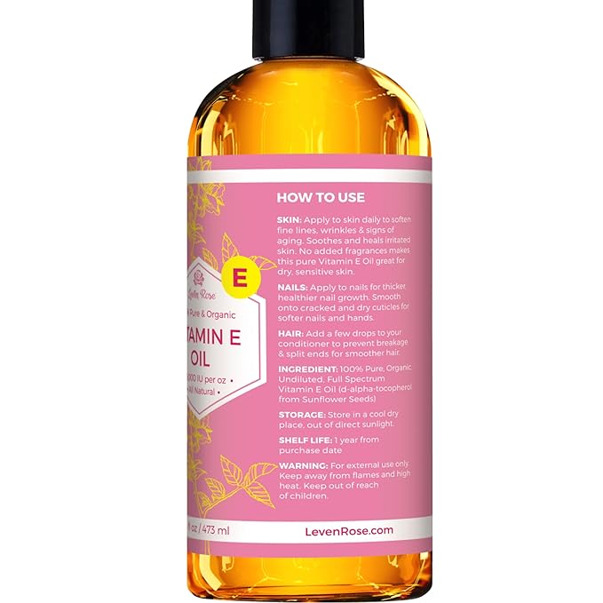 Leven Rose Bulk Vitamin E Oil 75,000 IU per oz 100% Natural, Organic, Pure Vitamin E Oil for Skin, Face, Hair, and Nails, 16 oz