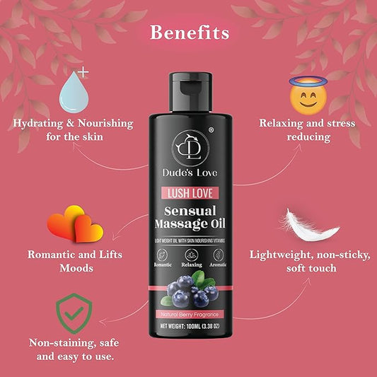 Dude's Love Organic Berry Sensual Massage Oil for Couples - Edible, Detoxifying, Stimulating - 3.38 Fl Oz