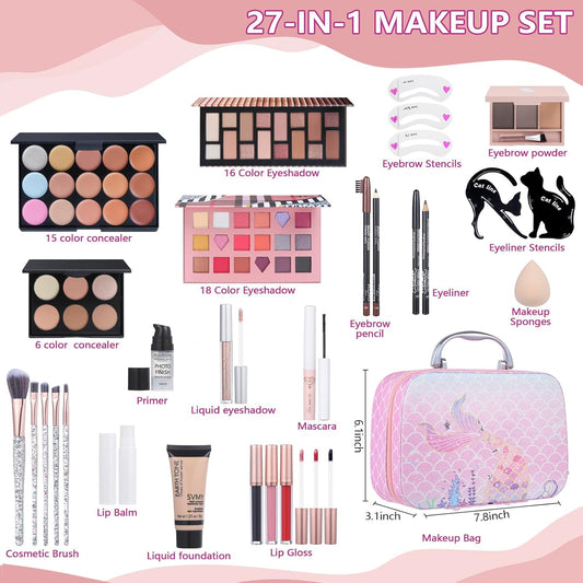 Makeup Kit For Girls, Makeup Set For Teen Beginners, Make up Gift Set For Women with Makeup Box, Eyeshadow Palettes, Foundation, Concealer, brushes set (Colors 18)