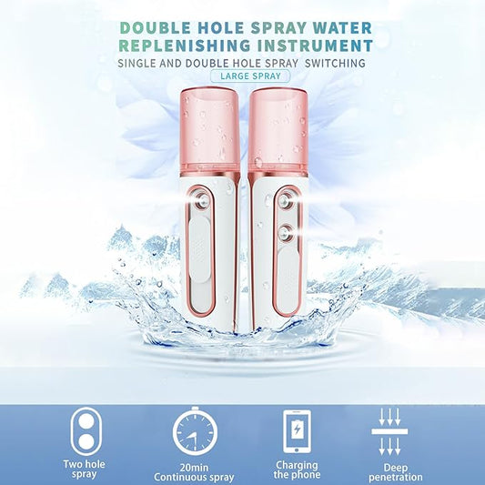 Nano Facial Mister, Cool Mist Face Steamer with 2 Spray Nozzle, USB Rechargeable, Visual Water Tank, Nano Mister for Eyelash Extensions, Skin Care, Daily Makeup, Deep Hydrating-Pink