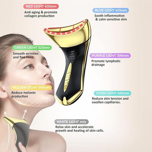 Neck and Face Sculptor with 7-in-1 Led for Skin Care,Water Resistant True Beauty Glow Facial Massager (Black-Gold)