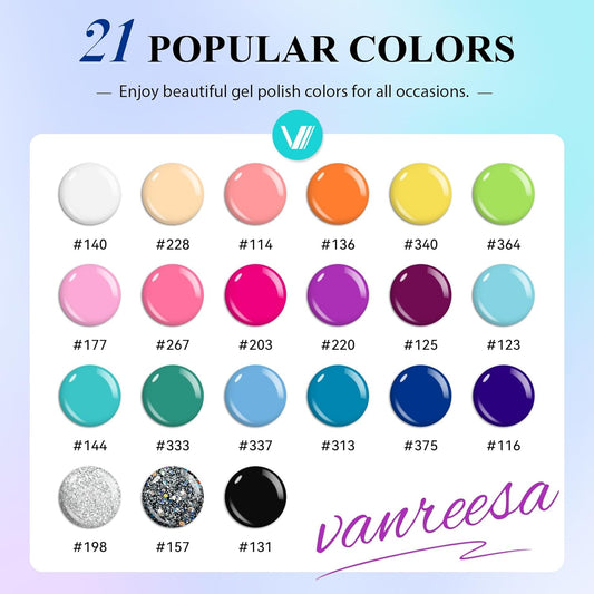 VANREESA 24 Pcs Gel Nail Polish Set, 21 Colors Gel Polish with Base Coat Glossy & Matte Top Coat Pink Orange Yellow Green Purple Blue Glitter Gel Polish Kit Nail Kit Gifts for Women Girls
