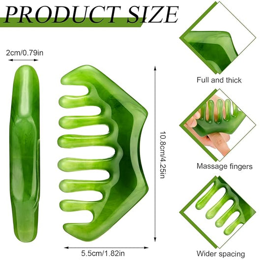 Geiserailie 2 Pieces Jade Combs Massage Stone Hair Gua Sha Scraping Scalp Comb Facial Massage Tool Multifunctional Handheld Head Tools Head Caring Therapy Mother's Day Gift (Dark Green Style)