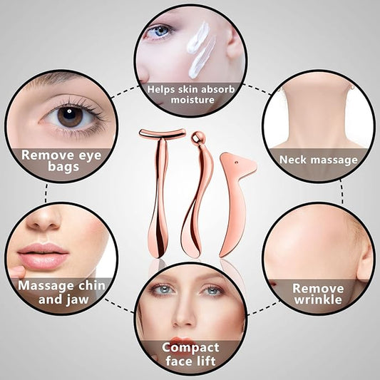 KOIBITO 3 PCAK Cooling Metal Facial Massage Stick, Eye Cream Applicator Wand, Gua Sha Scraping Tool Set, Reduce Puffiness Skin Firming and Lifting (Rose Gold)