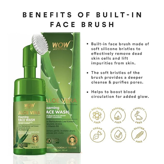 WOW Skin Science Aloe Vera Exfoliating Face Wash w/Soft Brush, Foaming Facial Cleanser For All Skin Types, Acne Face Wash for Women, Facial Skin Care Products, Men's Face Wash Facial Scrub (100ml)